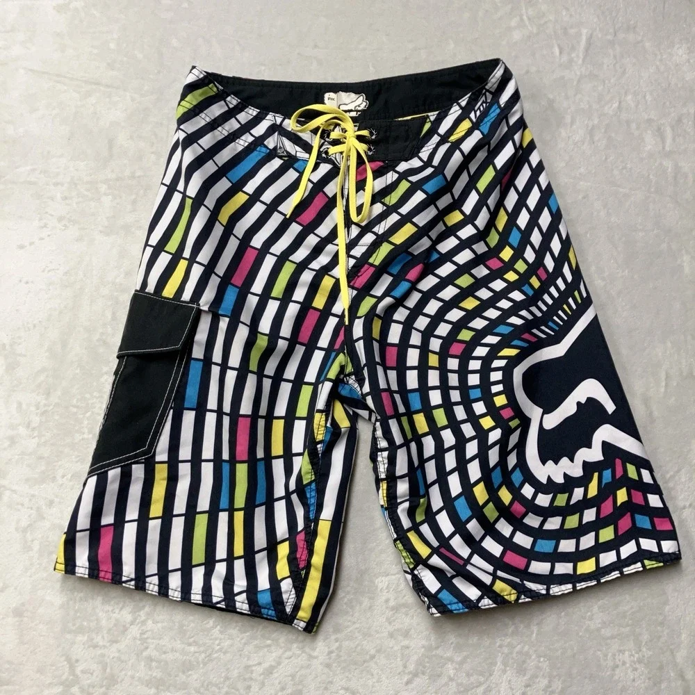Y2K Fox Racing Board Shorts Mens 32 Fit 31 Colorful Geometric Abstract Big Logo